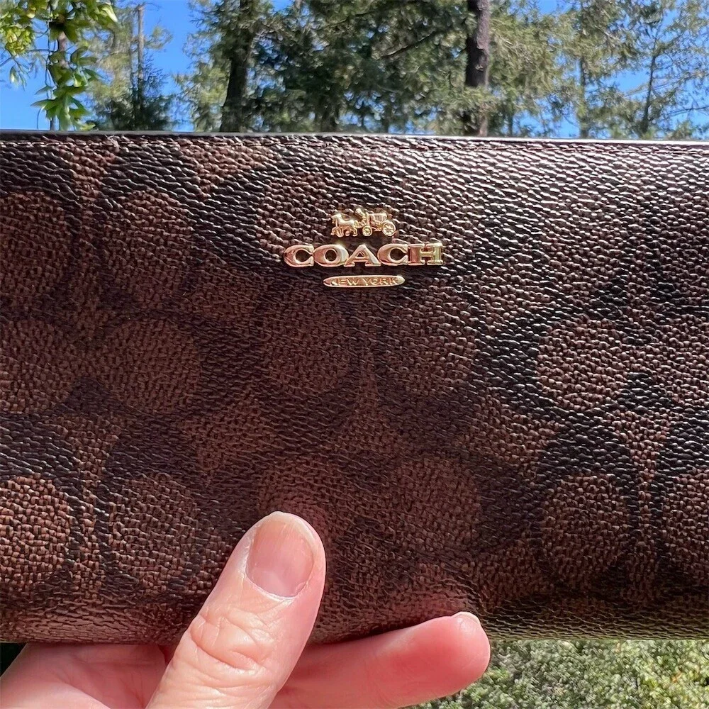 COACH Signature Canvas Bifold Wallet BLACK/BROWN with Gold Hardware AUTHENTIC